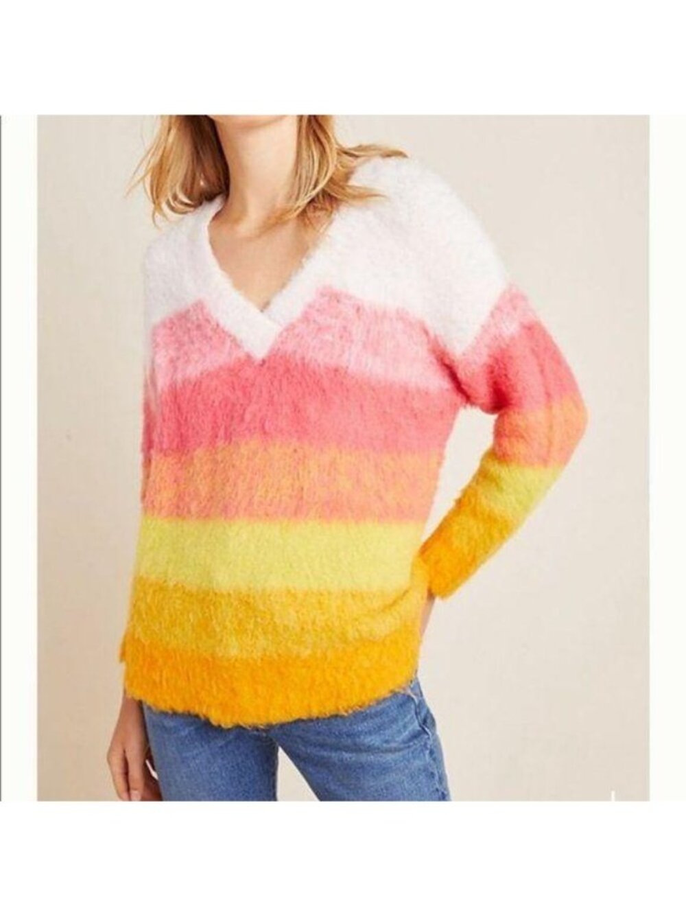 Anthro Simone Striped Sweater V Neck Sherbet Fuzz